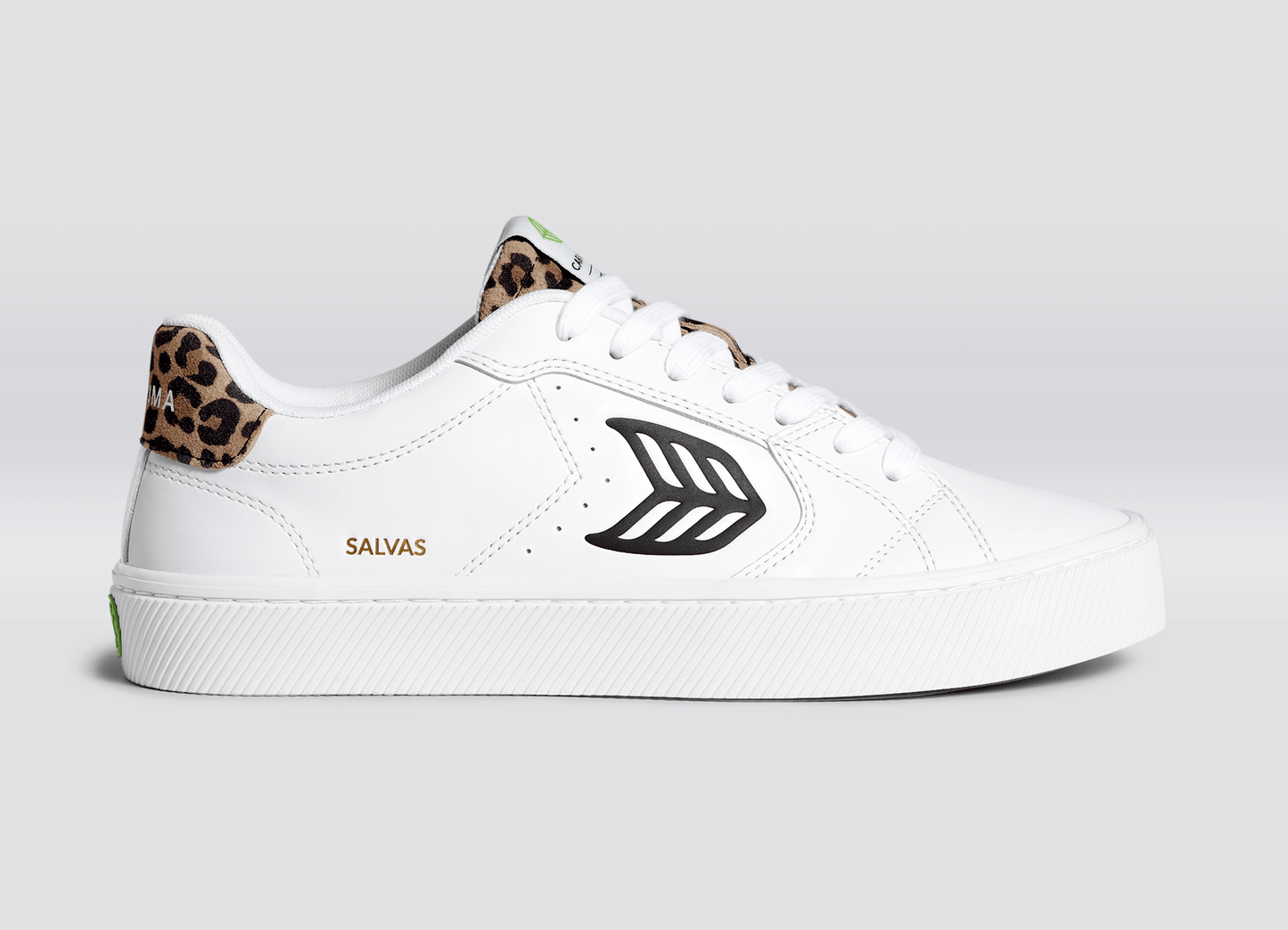 SALVAS White Leather Black Logo Leopard Print Sneaker