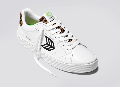 SALVAS White Leather Black Logo Leopard Print Sneaker