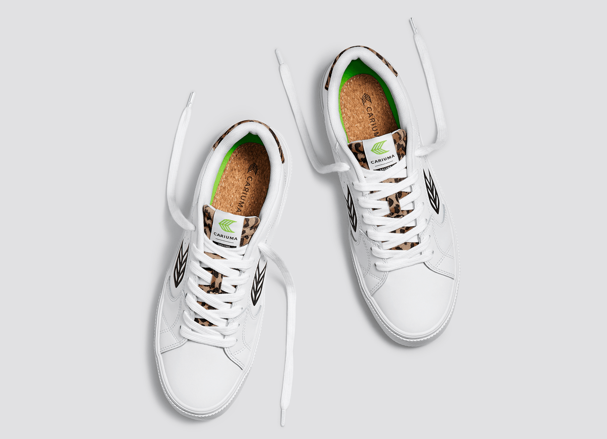 SALVAS White Leather Black Logo Leopard Print Sneaker